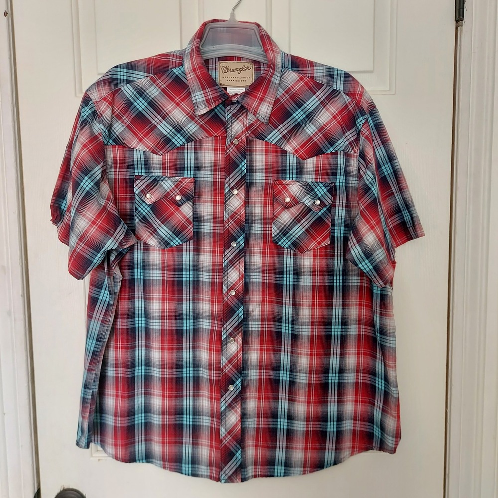 Wrangler Mens XXL Western Snap Shirt Red Turquoise Plaid Short Sleeve WM106RD